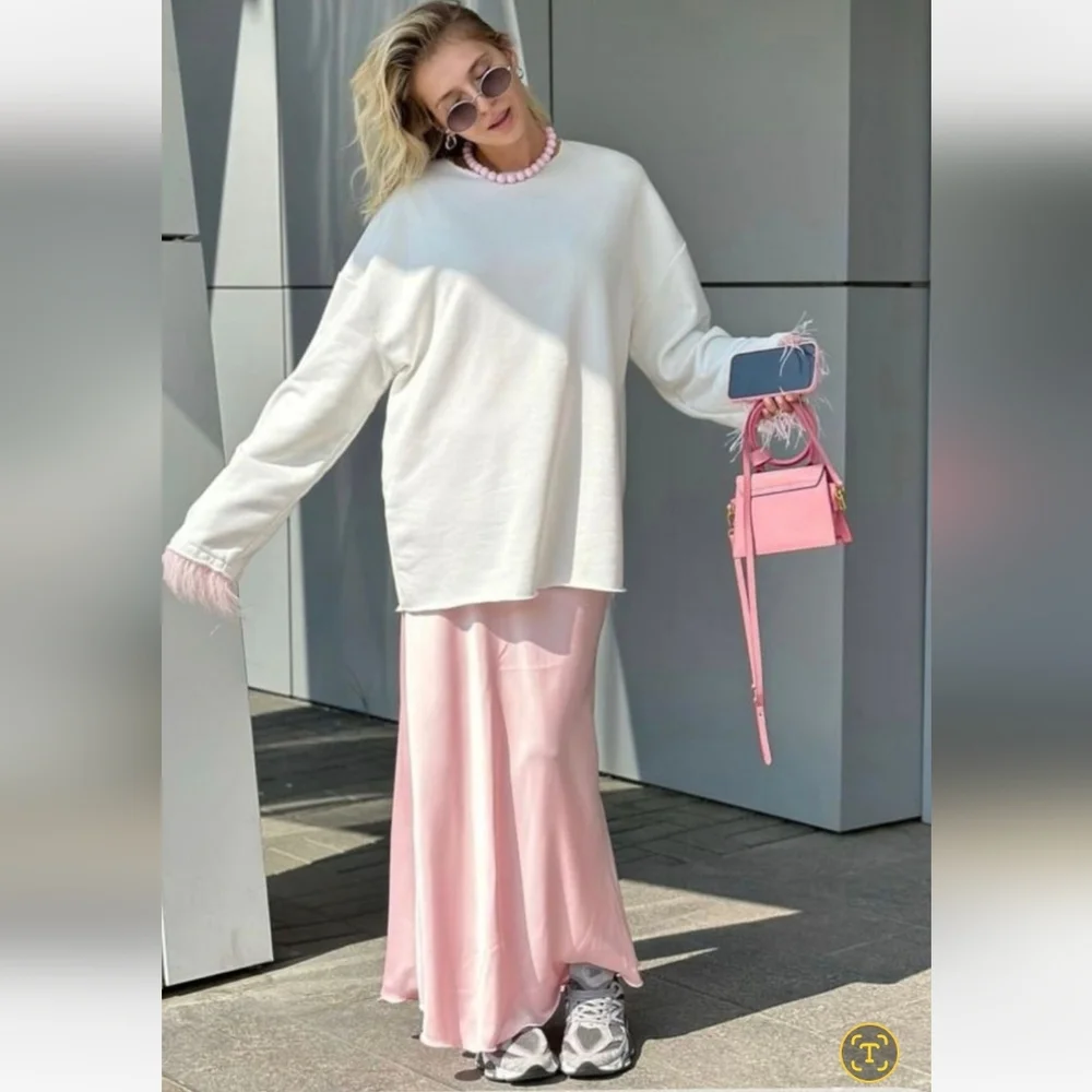 Zara Satin Effect Midi Skirt Light Pink Size XS